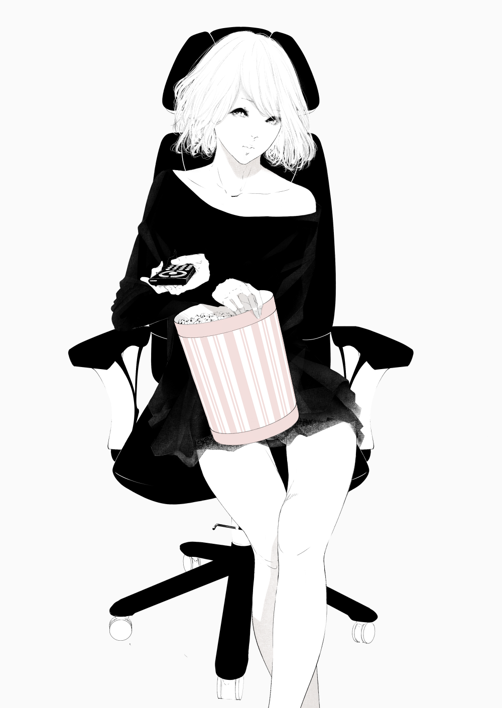 ballpoint_pen_(medium) black_dress chair collarbone controller dress food greyscale highres long_sleeves looking_at_viewer monochrome nib_pen_(medium) original popcorn remote_control sitting solo sousou_(sousouworks) spot_color traditional_media