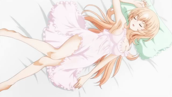 1girl bed breasts choujigen_game_neptune compa eyes_closed neptune_(series) nightgown off_shoulder pillow pink_hair sleeping smile solo