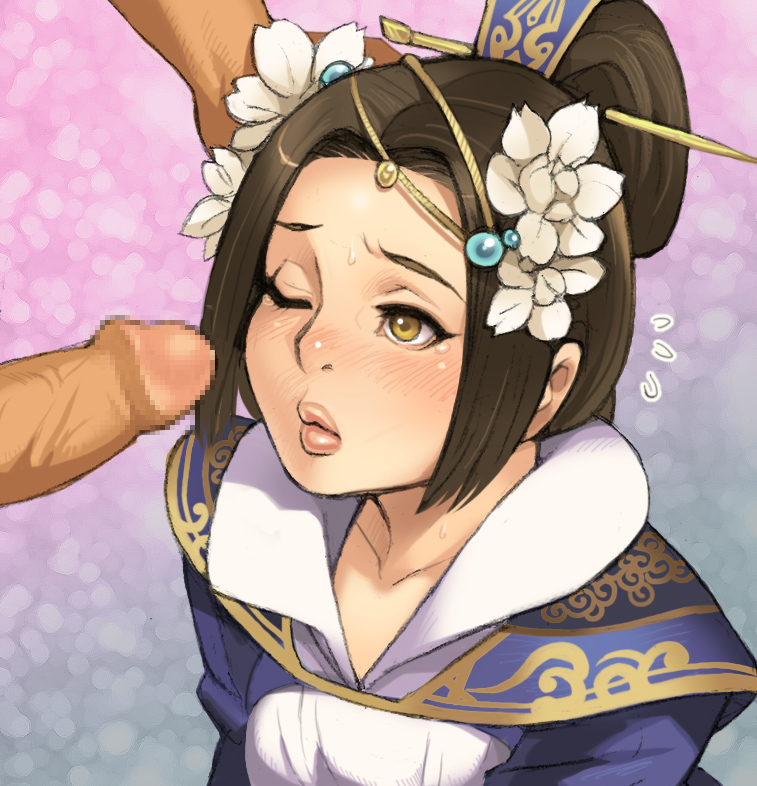 bad_id bad_pixiv_id blush brown_eyes brown_hair cai_wenji_(shin_sangoku_musou) censored chinese_clothes erection flower hair_flower hair_ornament hair_stick half_updo hand_on_another's_face lips long_hair maou_alba mosaic_censoring nose penis pointless_censoring shin_sangoku_musou solo_focus sweatdrop tears wince