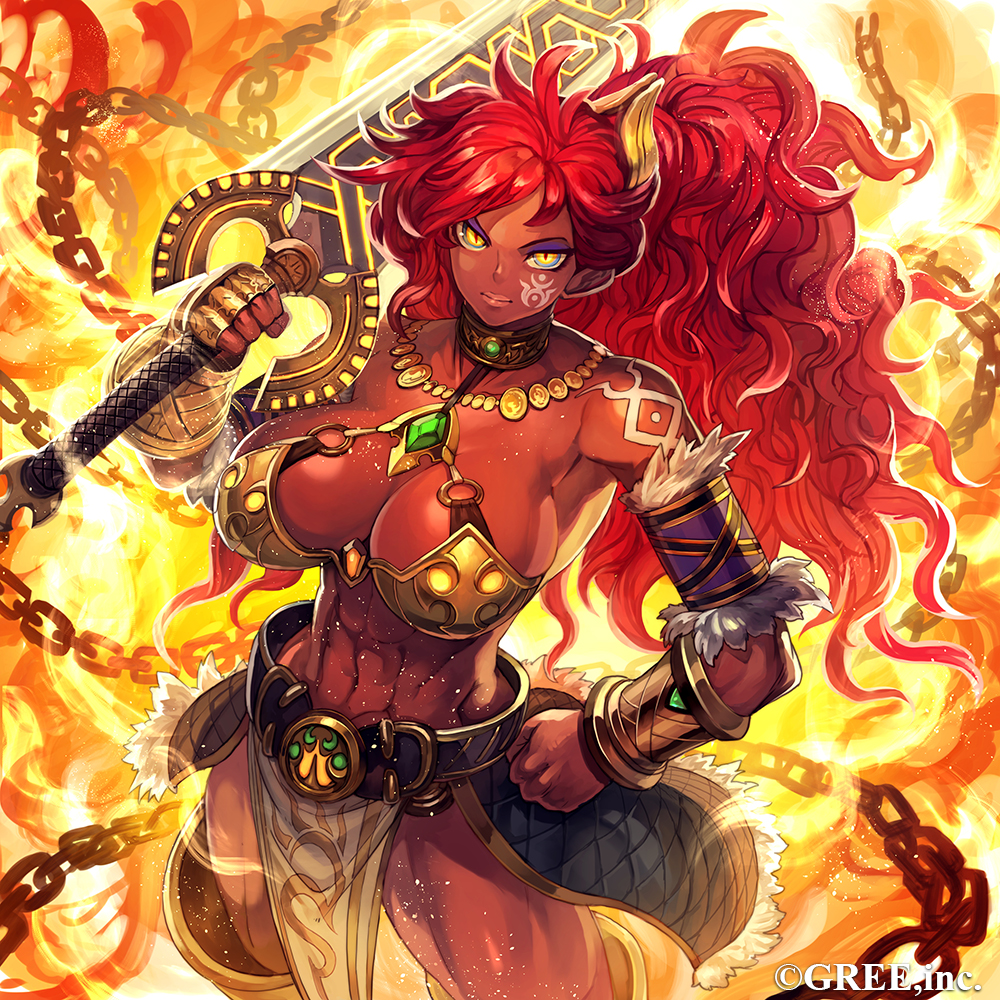 abs armor bangs bare_shoulders bikini_armor breasts chain choker dark_skin facial_mark fire hand_on_hip jewelry kaizoku_ookoku_koronbusu lack large_breasts loincloth long_hair looking_at_viewer navel necklace official_art original ponytail red_hair solo sword tattoo toned vambraces weapon yellow_eyes