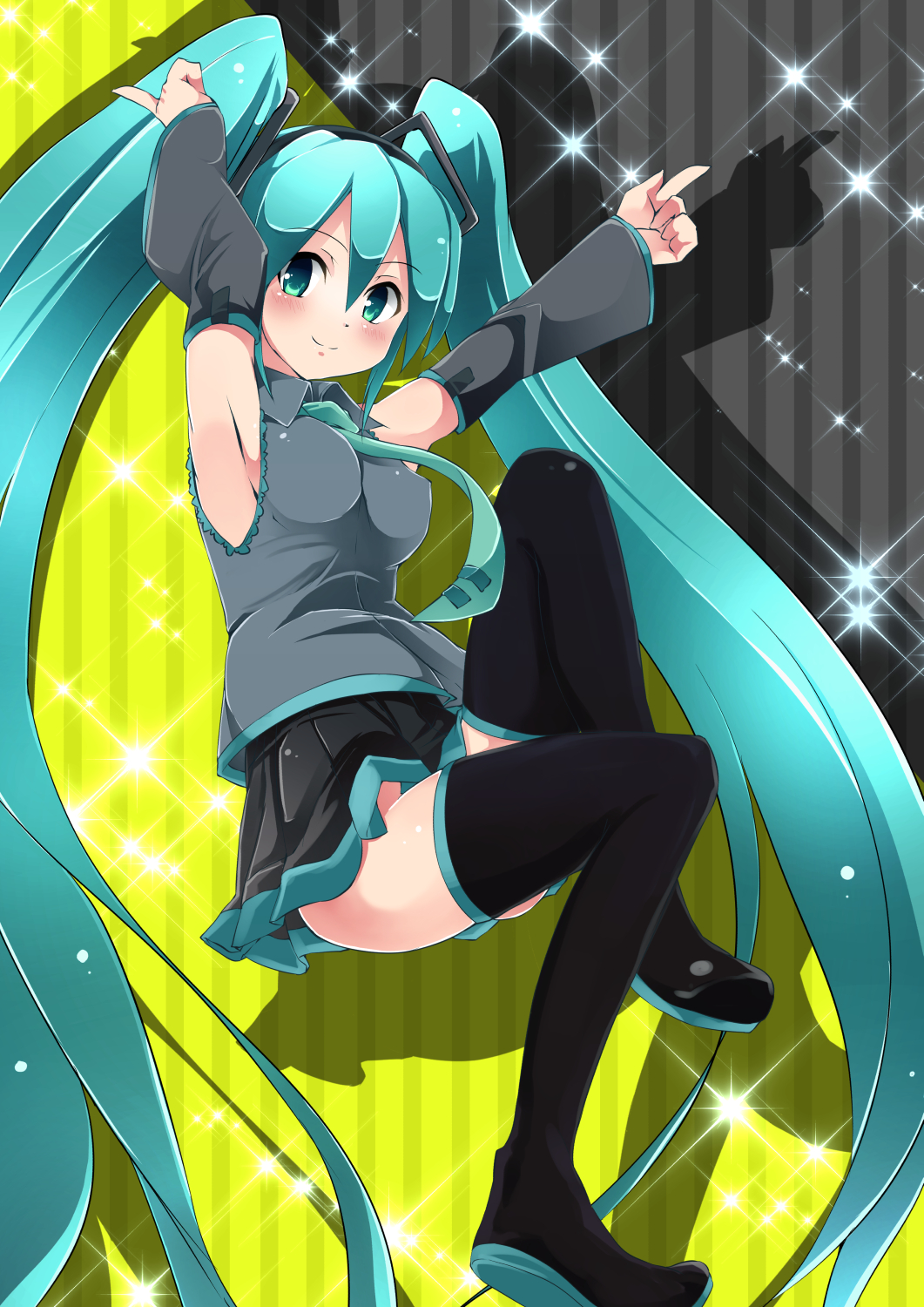 aqua_hair armpits arms_up boots detached_sleeves green_eyes hatsune_miku highres long_hair necktie noa_(nagareboshi) skirt smile solo thigh_boots thighhighs twintails very_long_hair vocaloid