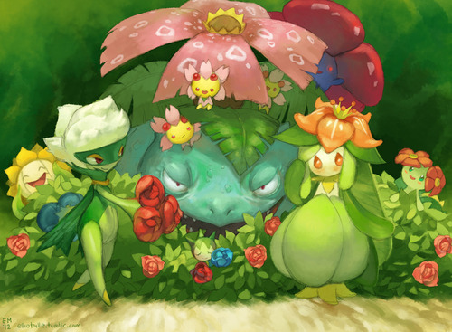 bellossom character_request cherrim eyes_closed flower lilligant looking_at_another nintendo no_humans open_mouth pokemon rose roselia roserade smile sunflora sunflower venusaur vileplume