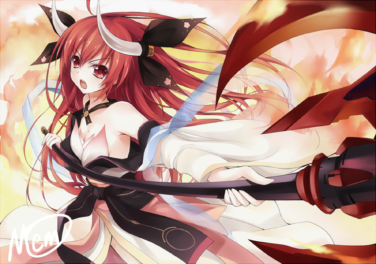 ahoge bare_shoulders breasts cleavage date_a_live fire hair_ornament halberd itsuka_kotori long_hair medium_breasts open_mouth polearm qiuzhi_huiyi red_eyes red_hair signature solo twintails very_long_hair weapon wide_sleeves
