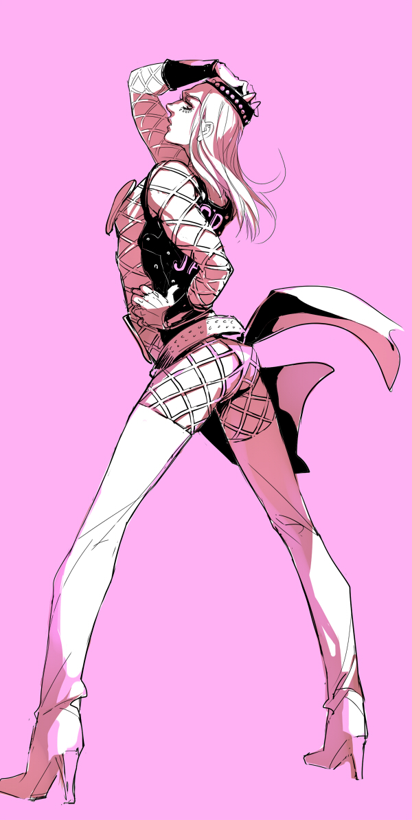 boots demonf fishnets hat high_heel_boots high_heels jojo_no_kimyou_na_bouken long_hair male_focus monochrome narciso_anasui solo thigh_boots thighhighs