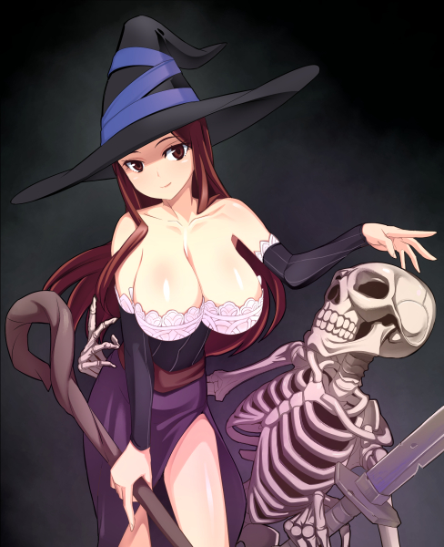 bare_shoulders breasts brown_eyes brown_hair caryo cleavage collarbone detached_sleeves dragon's_crown dress hat huge_breasts leaning_forward light_smile long_hair looking_at_viewer nanashino side_slit skeleton solo sorceress_(dragon's_crown) staff strapless strapless_dress sword weapon witch_hat