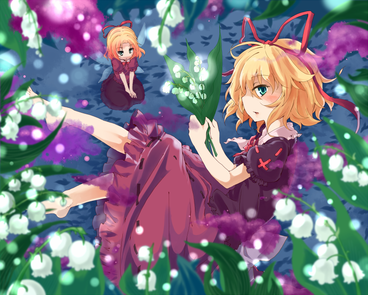 amagase_lyle barefoot blonde_hair fairy_wings flower green_eyes hair_ribbon lily_of_the_valley long_hair looking_at_viewer medicine_melancholy poison ribbon shaded_face shirt sitting skirt skirt_set su-san touhou very_long_hair wings
