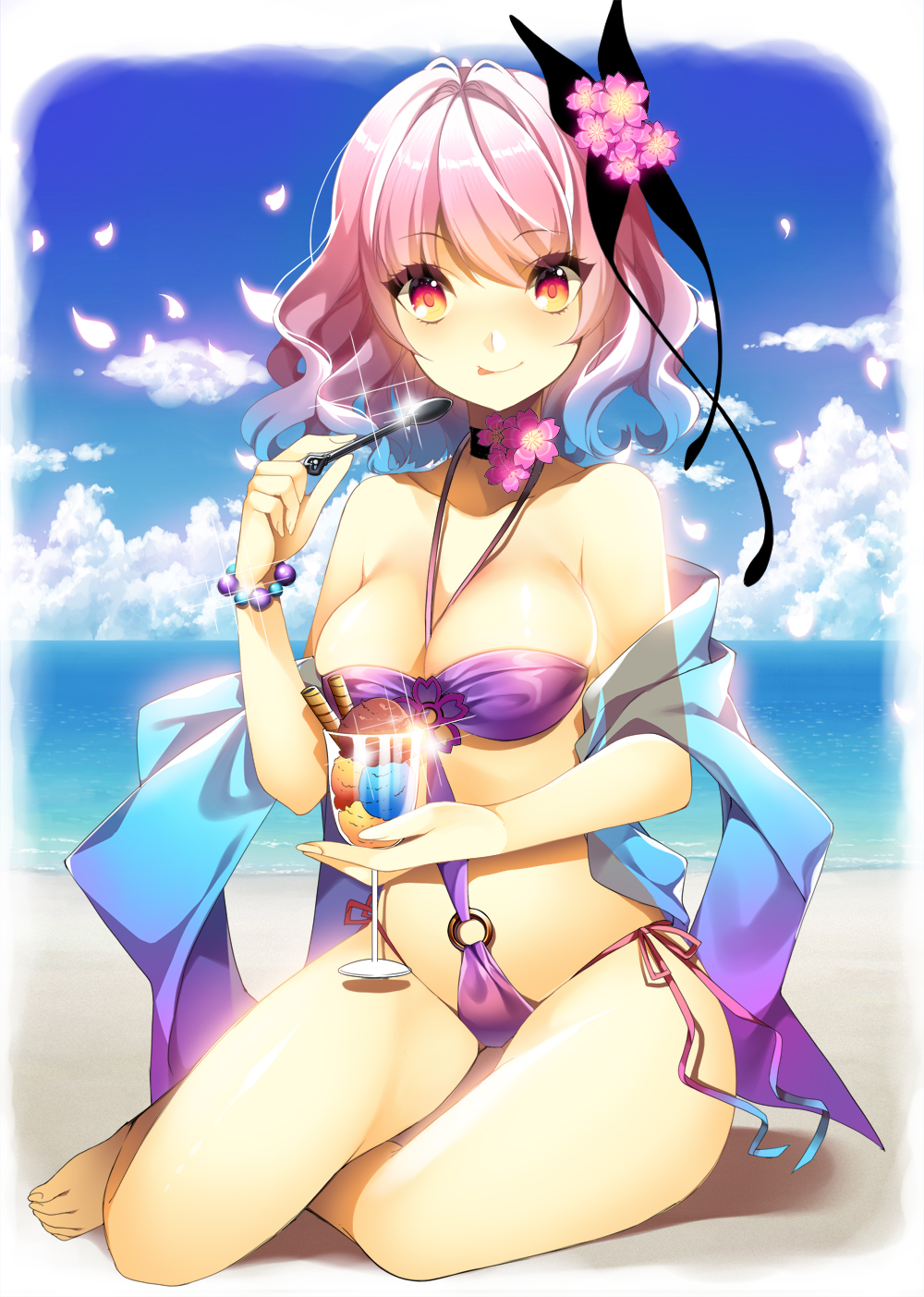 :q alternate_costume beach bikini breasts butterfly_hair_ornament cherry_blossoms choker cleavage cup day eating flower food hair_flower hair_ornament highres ice_cream large_breasts looking_at_viewer purple_hair red_eyes roh_nam_kyung saigyouji_yuyuko short_hair side-tie_bikini smile solo spoon swimsuit thighs tongue tongue_out touhou