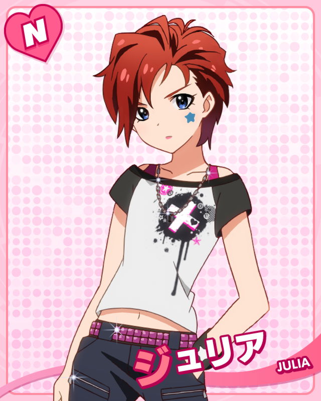 artist_request belt blue_eyes character_name denim idolmaster idolmaster_million_live! jeans jewelry julia_(idolmaster) lipstick looking_at_viewer makeup necklace official_art pants punk red_hair short_hair solo star