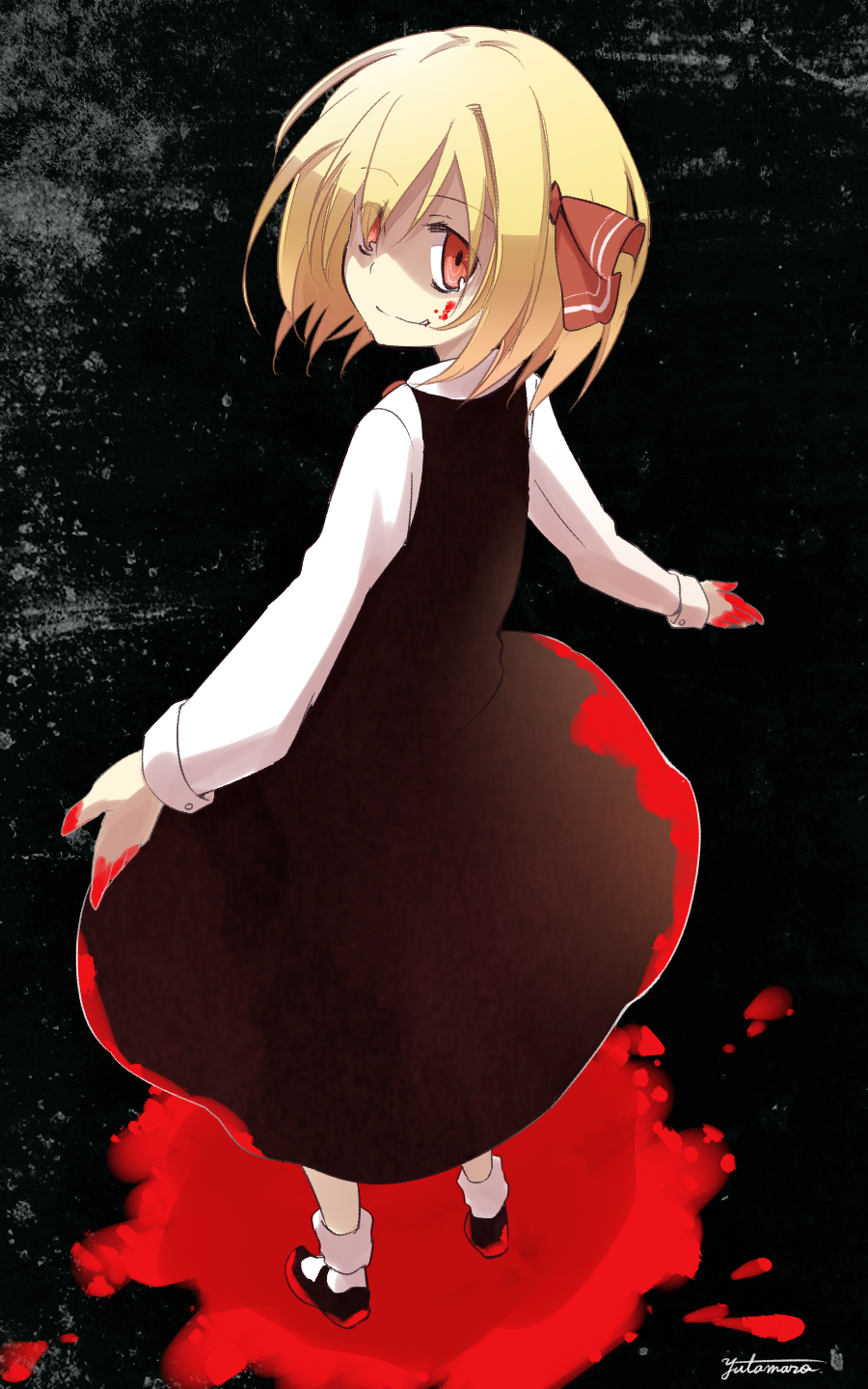 artist_name black_dress blonde_hair blood blood_on_face bloody_clothes dress dress_shirt fang hair_ribbon highres looking_back mary_janes red_eyes ribbon rumia shaded_face shirt shoes short_hair smile solo touhou yutamaro