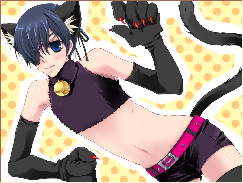 1boy androgynous angry animal_ears artist_request belt black_hair blush cat_ears cat_tail catboy ciel_phantomhive claws collar elbow_gloves eyepatch gloves kuroshitsuji male male_focus midriff navel paws pet_play short_hair short_shorts shorts solo source_request tail trap