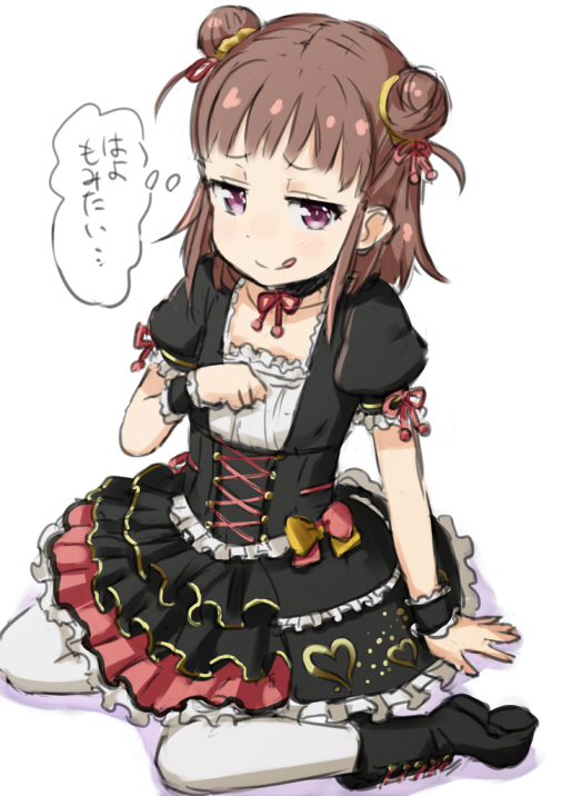 :q bangs black_dress blunt_bangs collarbone detached_collar double_bun dress from_above idolmaster idolmaster_cinderella_girls kingin lolita_fashion looking_at_viewer looking_up munakata_atsumi pantyhose puffy_short_sleeves puffy_sleeves short_hair short_sleeves simple_background smile solo tongue tongue_out translation_request white_background wrist_cuffs
