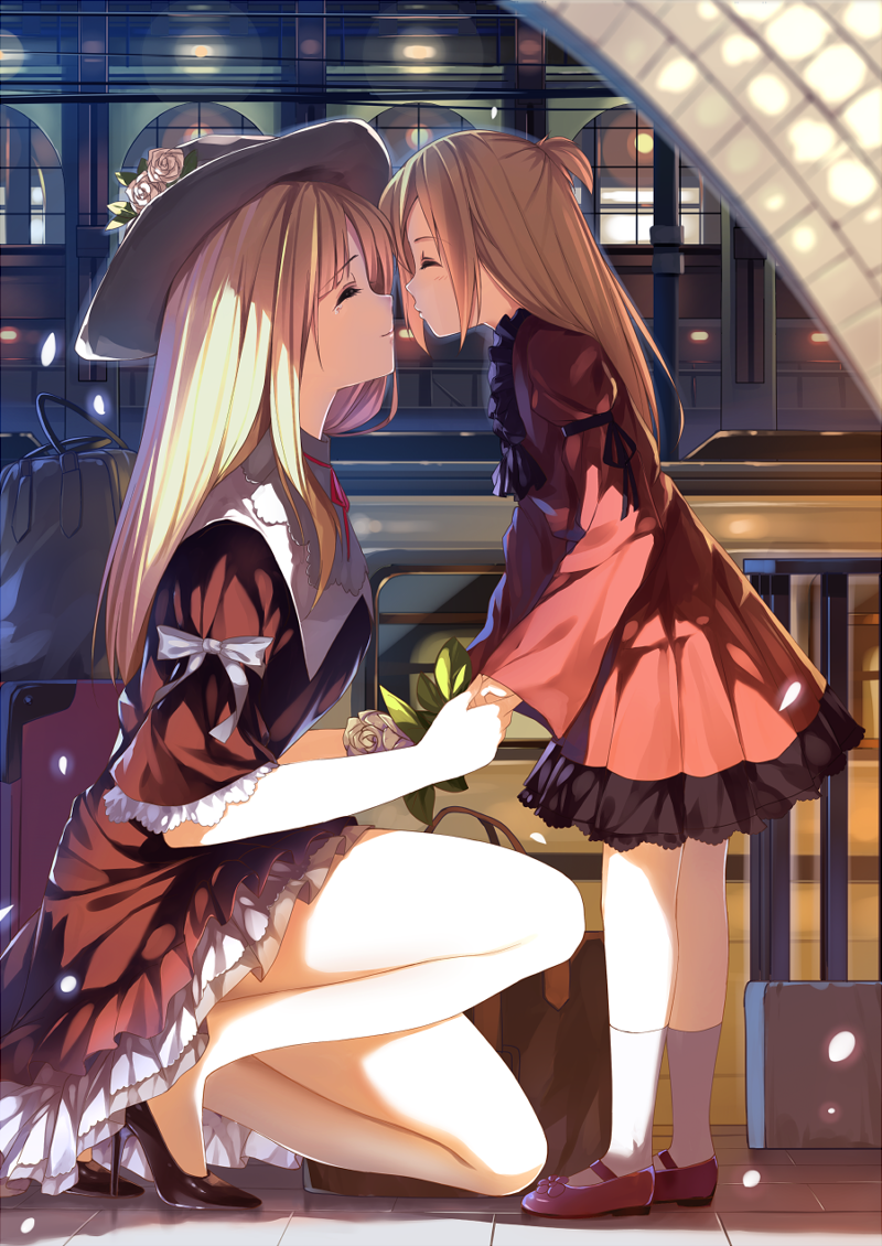 age_difference bad_id bad_pixiv_id blonde_hair bow bus caidychen closed_eyes dress flower gloves ground_vehicle hat hat_flower high_heels holding_hands imminent_kiss incest legs long_hair luggage mary_janes mother_and_daughter motor_vehicle multiple_girls no_socks one_knee original rose shoes side_ponytail smile socks tears white_legwear yuri