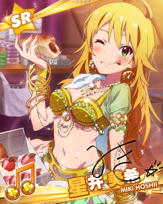 ahoge artist_request beamed_eighth_notes blonde_hair card_(medium) character_name character_signature chocolate_cornet earrings eating food food_on_face green_eyes hoshii_miki idolmaster idolmaster_(classic) idolmaster_million_live! jewelry licking_lips long_hair musical_note navel official_art one_eye_closed stomach tongue tongue_out