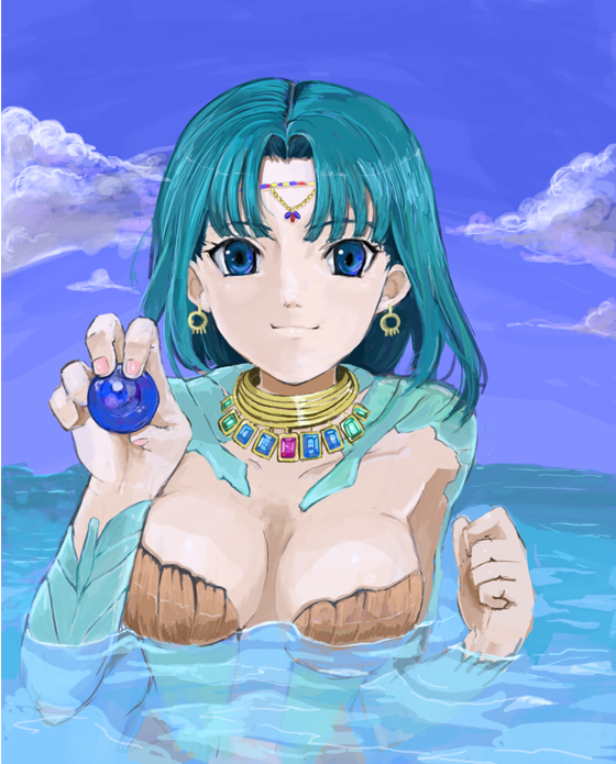 bad_id bad_pixiv_id blue_eyes cloud day earrings green_hair jewelry partially_submerged short_hair sky solo tsuyu valkyrie_profile water yumei_(valkyrie_profile)