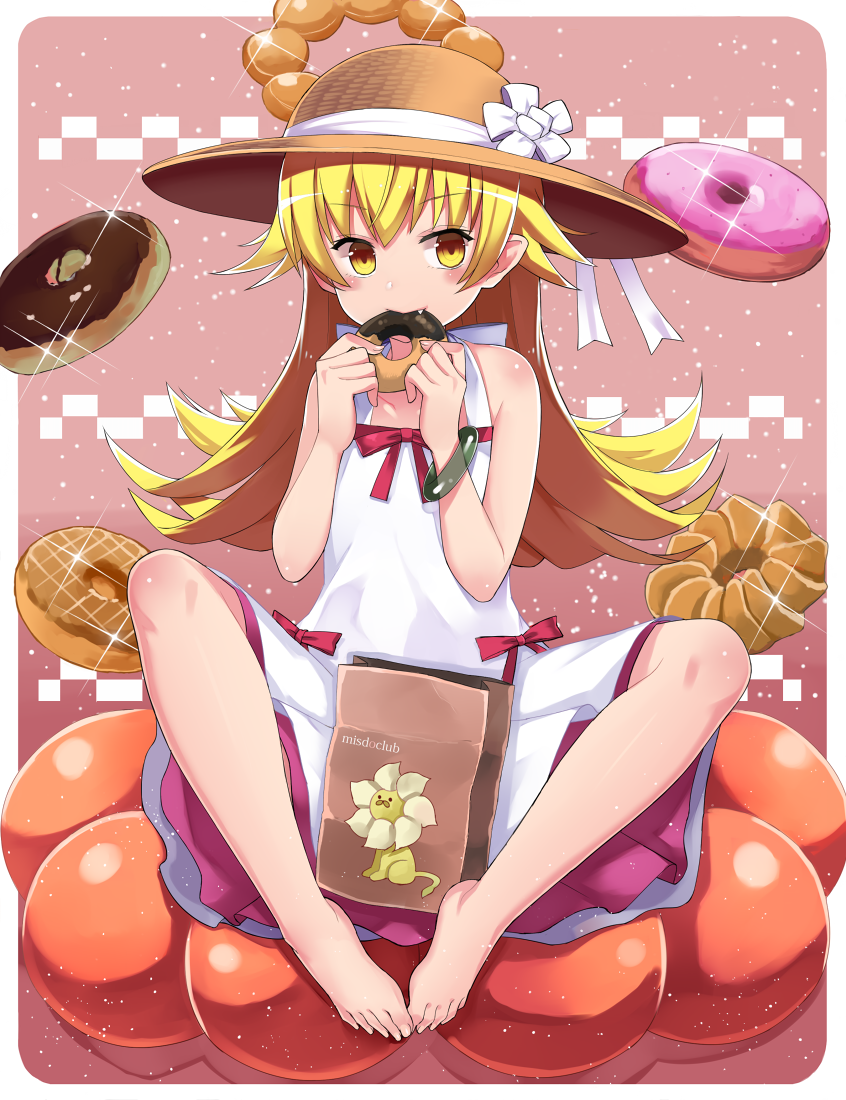 bare_shoulders barefoot blonde_hair blush doughnut dress eating fang food hat kuhotaka long_hair looking_at_viewer monogatari_(series) oshino_shinobu pointy_ears sitting smile solo sun_hat yellow_eyes