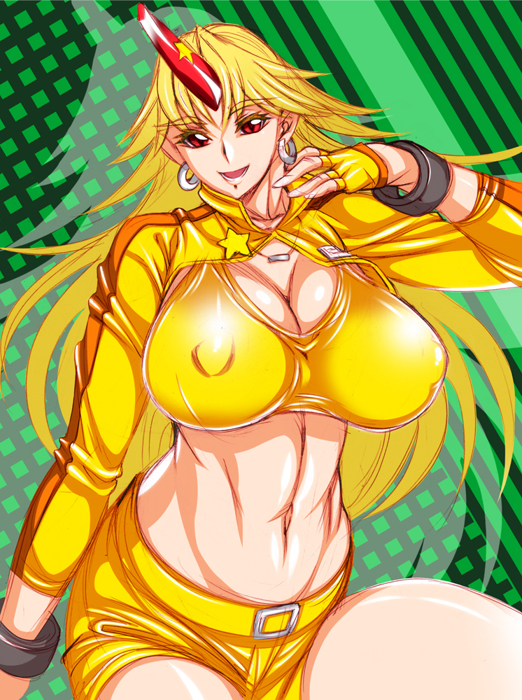 1girl blonde_hair breasts earrings ginnyo hoshiguma_yuugi jewelry large_breasts midriff shorts solo touhou