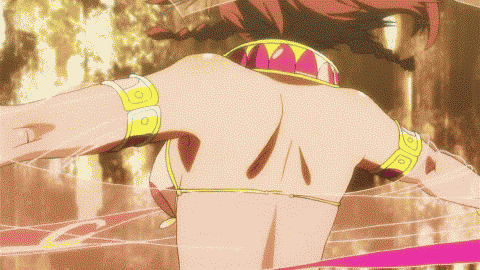1girl amy_(suisei_no_gargantia) animated animated_gif arabian_clothes bare_back bare_shoulders belly_dancer bikini blue_eyes bracelet brown_hair choker dancing happy jewelry lots_of_jewelry lowres navel short_hair smile solo spin spinning suisei_no_gargantia swimsuit