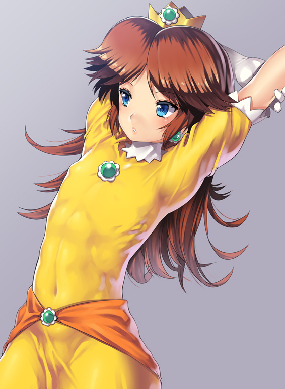 1girl blush brooch brown_hair clothed_navel dress earrings flat_chest gloves green_eyes jewelry long_hair mario_(series) nagase_haruhito navel nintendo princess princess_daisy simple_background skin_tight solo super_mario_bros. super_mario_land tiara tight two-tone_background white_gloves yellow_dress