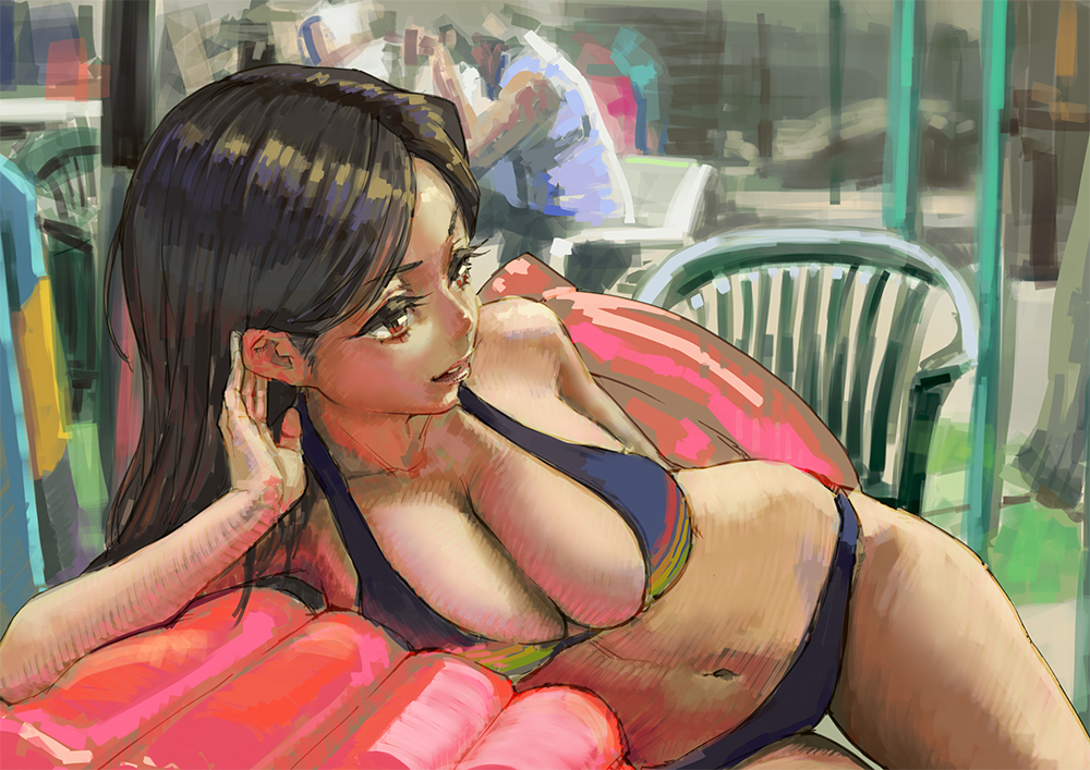 arm_support aro_(charged_time_out) bad_id bad_pixiv_id bikini black_hair blue_bikini breasts brown_eyes chair cleavage eyelashes eyeshadow jpeg_artifacts large_breasts long_hair makeup navel open_mouth original parted_lips smile solo_focus swimsuit thigh_gap
