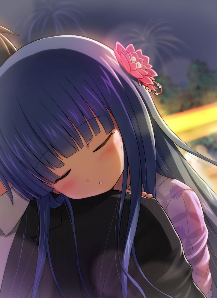 1girl blue_hair blush closed_eyes fireworks hair_ornament hand_on_shoulder head_on_another's_shoulder idolmaster idolmaster_cinderella_girls japanese_clothes kimono leaning_on_person long_hair matanonki night producer_(idolmaster) sajou_yukimi sitting sleeping sleeping_on_person sleeping_upright