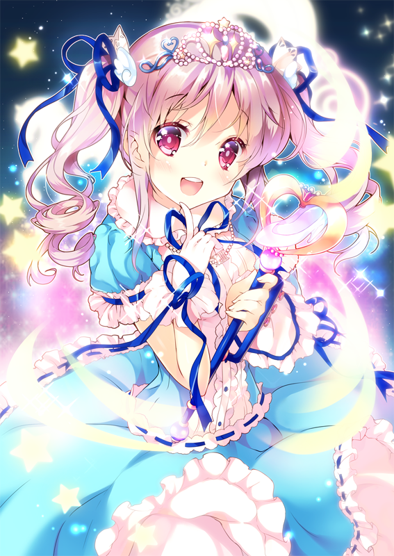 :d blue_dress blush dress drill_hair finger_to_face frills glass_slipper gloves hair_ribbon heart idolmaster idolmaster_cinderella_girls index_finger_raised jewelry kanzaki_ranko light_trail magical_girl miwabe_sakura necklace open_mouth pink_hair red_eyes ribbon single_glove smile solo sparkle star tiara twin_drills twintails wand white_gloves