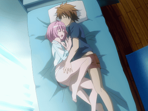 1boy 1girl animated animated_gif bare_shoulders barefoot bed bedroom demon_tail legs lowres momo_velia_deviluke panties pink_hair sexually_suggestive shirt source_request tail to_love-ru to_love-ru_darkness underwear window yuuki_rito