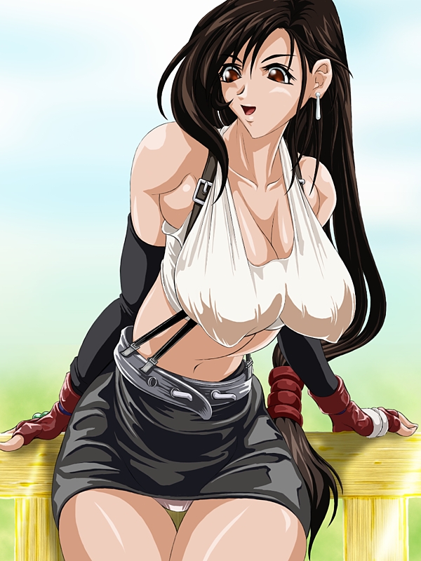 1girl bare_shoulders black_hair breasts brown_eyes cleavage covered_nipples earrings elbow_gloves erect_nipples final_fantasy final_fantasy_vii fingerless_gloves gloves hanging_breasts huge_breasts jewelry long_hair low-tied_long_hair mafuri_marimo midriff miniskirt open_mouth panties pantyshot pantyshot_(sitting) sitting skirt solo suspenders tifa_lockhart underwear upskirt very_long_hair white_panties