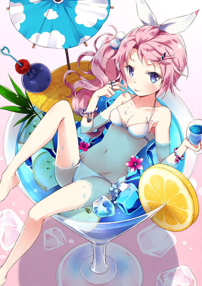 :p bad_id bad_pixiv_id barefoot bikini bracelet breasts cleavage cocktail_glass collarbone cup drinking_glass feet flower food fruit hair_bobbles hair_ornament hair_ribbon hairclip ice ice_cube in_container jewelry leg_up licking_lips long_hair looking_at_viewer medium_breasts minigirl navel nyanya original parasol pink_hair purple_eyes ribbon ring side_ponytail sitting smile solo swimsuit tongue tongue_out umbrella white_bikini