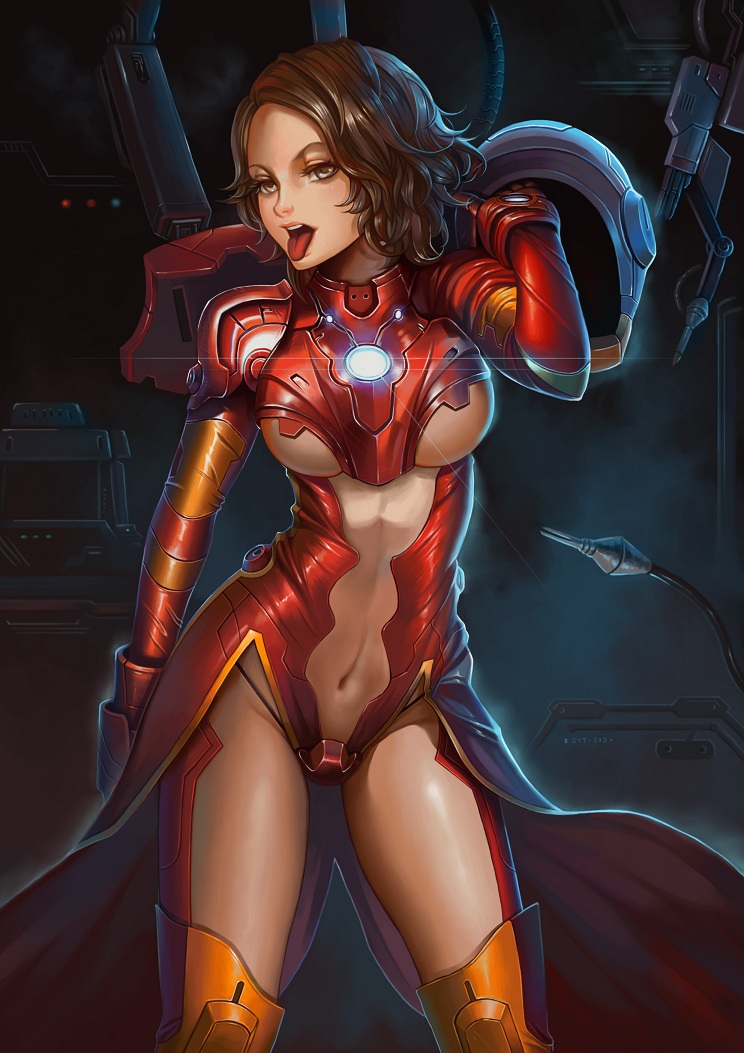 banned_artist boots breasts brown_eyes brown_hair helmet iron_man_(comics) laboratory marvel medium_breasts navel pepper_potts power_armor rescue_(iron_man) short_hair solo thigh_boots thighhighs tongue underboob wavy_hair yinan_cui