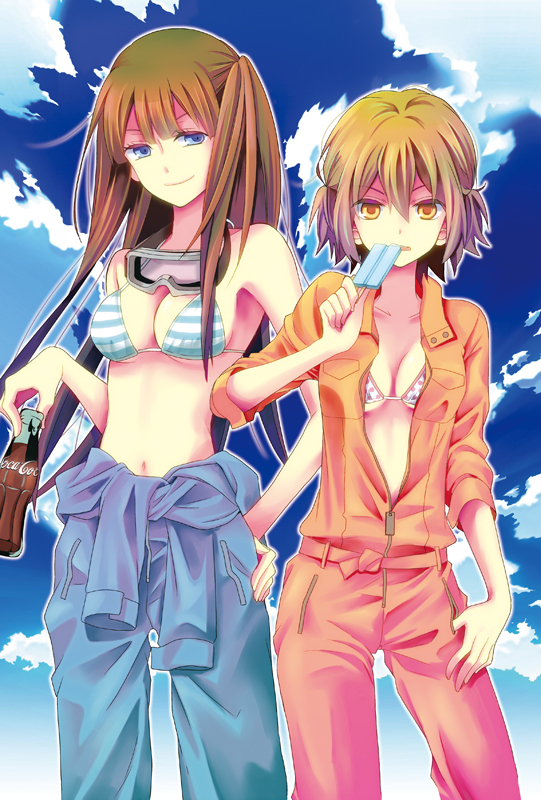bikini_top blue_eyes bottle brown_hair cloud coca-cola day food goggles goggles_around_neck hand_on_hip jumpsuit kodama_naoko long_hair looking_at_viewer multiple_girls navel original polka_dot popsicle shirt short_hair sky smile striped tied_shirt twintails unzipped yellow_eyes
