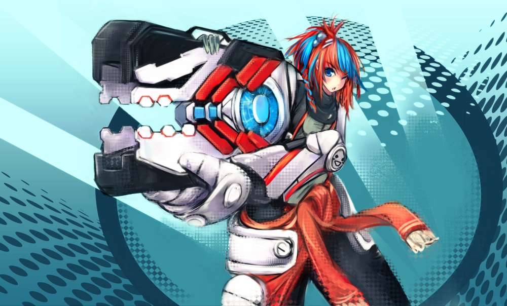 armor bangs blue_eyes blue_hair dot_heit hair_bobbles hair_ornament holding looking_at_viewer multicolored_hair one_eye_closed overalls power_suit red_hair rocket_launcher sanctum sanctum_2 solo sweet_autumn two-tone_hair weapon