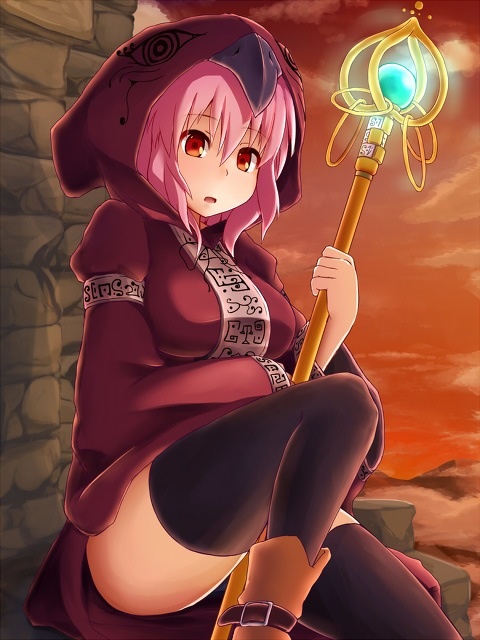 1girl artist_request black_legwear character_request cloud hood mage pesogiso pink_hair red_eyes robe source_request staff thighhighs