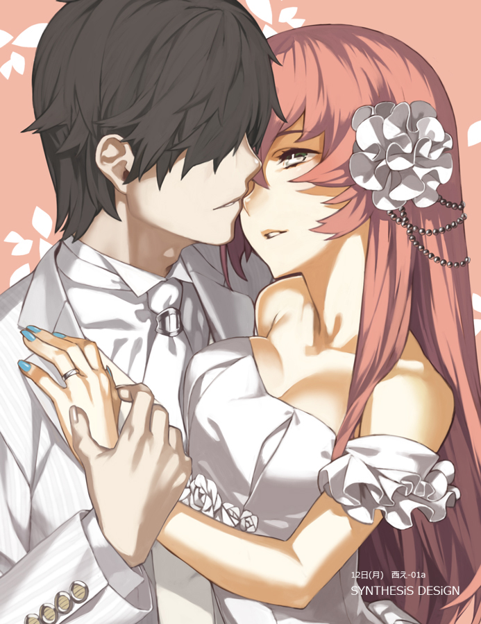 1girl 92m bare_shoulders breast_press breasts bride cleavage couple dress face-to-face formal hair_ornament hetero hug jewelry long_hair medium_breasts megurine_luka nail_polish pink_hair ring silver_eyes smile very_long_hair vocaloid wedding wedding_band wedding_dress