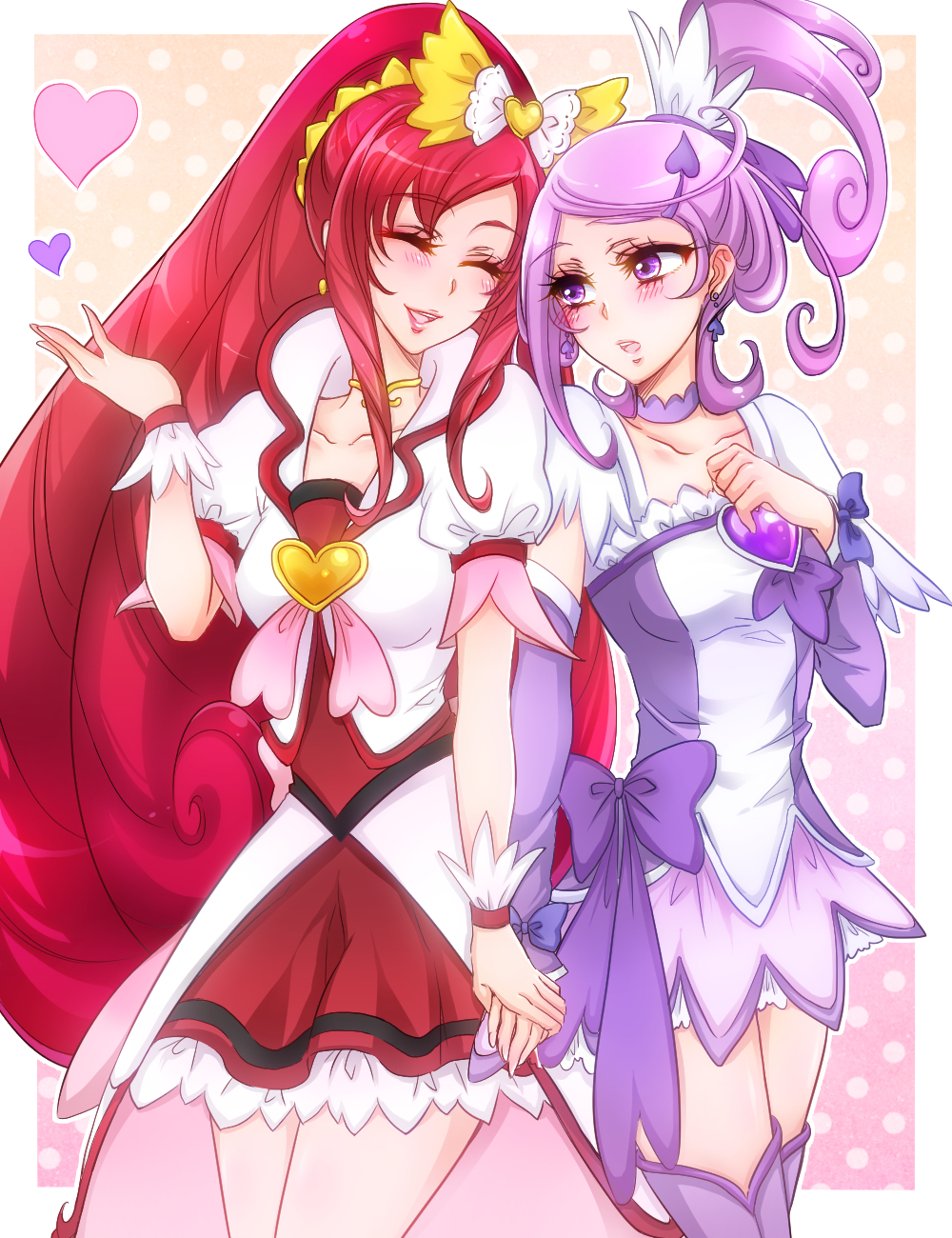 blush boots choker closed_eyes cure_ace cure_sword dokidoki!_precure hair_ornament heart highres holding_hands kenzaki_makoto kiraki long_hair madoka_aguri multiple_girls polka_dot polka_dot_background ponytail precure purple_choker purple_eyes purple_hair purple_skirt red_hair red_skirt skirt smile spade_hair_ornament thigh_boots thighhighs