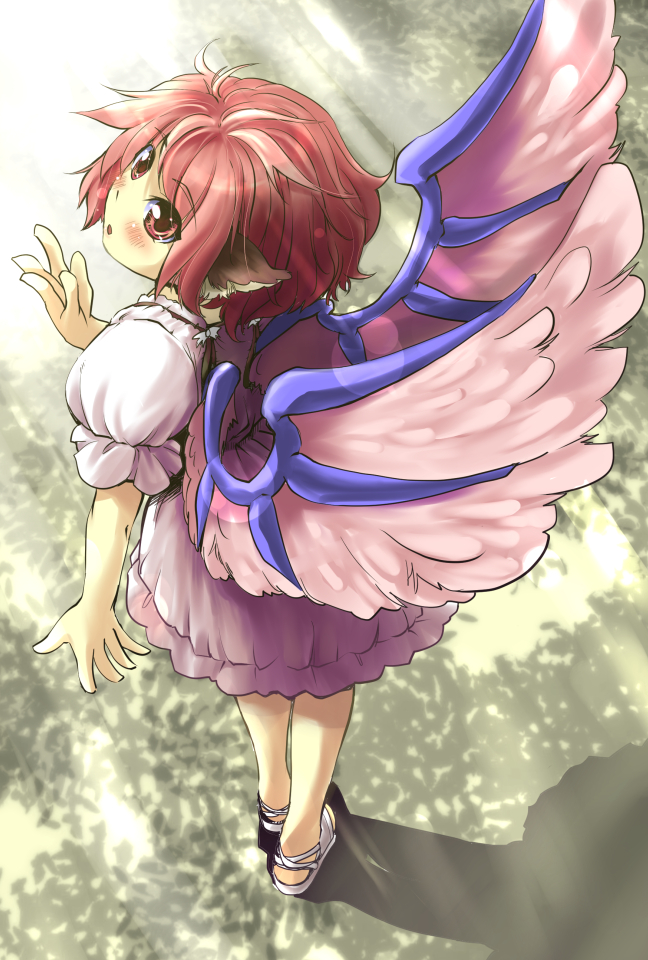 animal_ears bad_id bad_pixiv_id blush dress from_above from_behind looking_back mystia_lorelei nise_nanatsura no_hat no_headwear red_eyes solo touhou wings