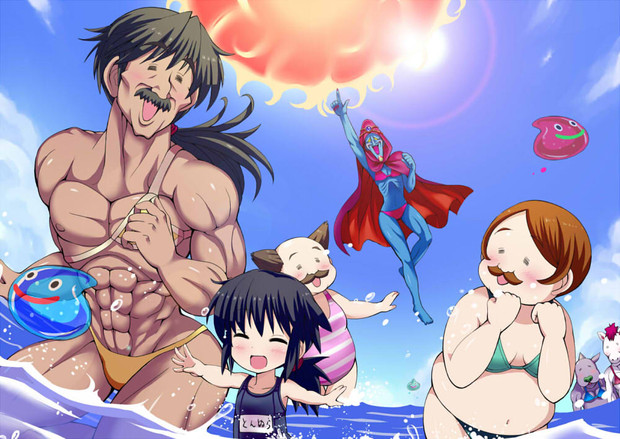 bare_legs bikini black_hair blush bow breasts brown_hair cape character_request cleavage cow dragon_quest dragon_quest_v flying gema_(dq5) givuchoko gonz hair_bow hero_(dq5) hood horse jyami large_breasts long_hair ludman male_swimwear multiple_boys multiple_girls multiple_tails no_hat no_headwear ocean one-piece_swimsuit open_mouth papas pink_hair pointy_nose ponytail purple_eyes red_eyes red_hair sancho short_hair slime_(dragon_quest) sun swim_briefs swimsuit swimwear tail water white_hair wings