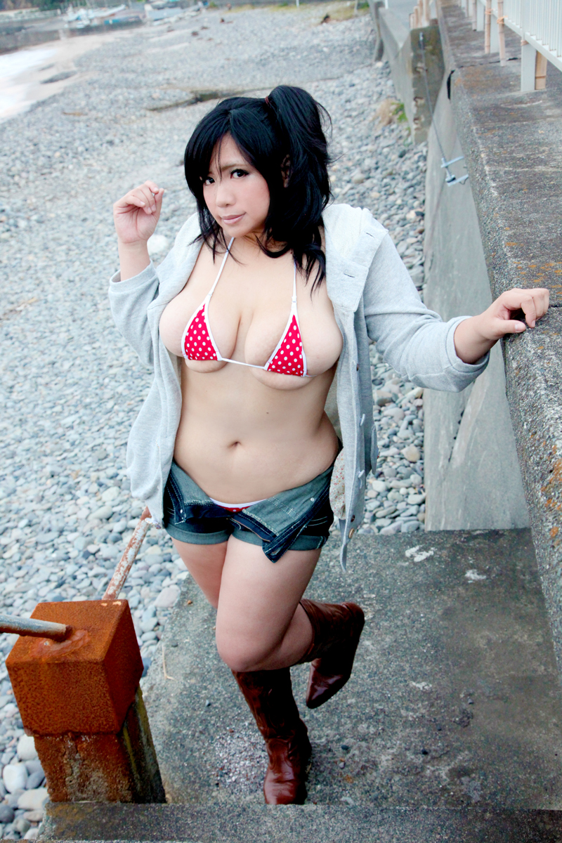 asian bikini_top black_hair boots breasts chouzuki_maryou cowboy_boots hips hood hooded_jacket jacket large_breasts open_clothes photo plump side_ponytail solo thick_thighs thighs wide_hips