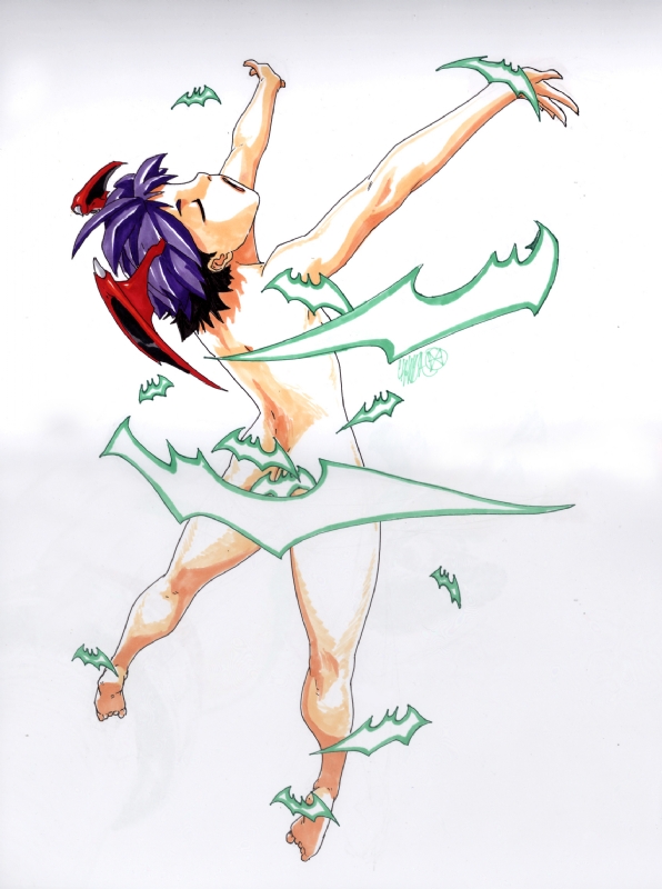 back bat_wings closed_eyes demon_girl flat_chest from_behind head_back head_wings jeffrey_cruz lilith_aensland marker_(medium) nude outstretched_arms purple_hair scan short_hair soles solo succubus toes traditional_media vampire_(game) wings