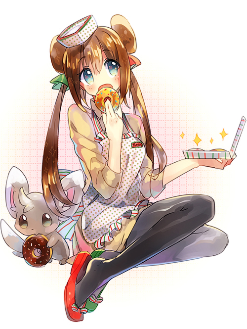 apron bad_id bad_pixiv_id black_legwear blush brown_hair double_bun doughnut eating food gen_5_pokemon hat long_hair mei_(pokemon) minccino mismatched_footwear namie-kun open_mouth pantyhose pokemon pokemon_(creature) pokemon_(game) pokemon_bw pokemon_bw2 shoe_dangle sitting twintails