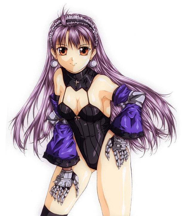 1girl artist_request bare_shoulders breasts brown_eyes cleavage cross dark_eclair detached_sleeves earrings eclair_(la_pucelle) gloves hairband hand_on_hip jewelry la_pucelle leotard long_hair looking_at_viewer purple_hair simple_background smile solo