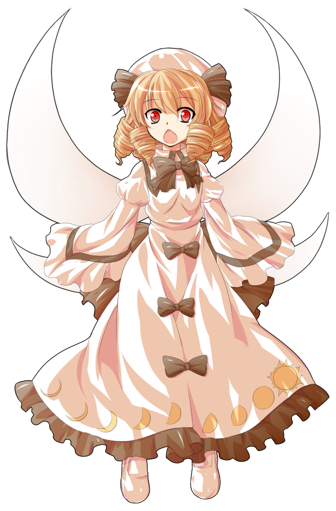 alphes_(style) bad_id bad_pixiv_id blonde_hair chestnut_mouth dairi dress drill_hair full_body hat long_sleeves luna_child open_mouth parody red_eyes short_hair sleeves_past_wrists solo style_parody touhou transparent_background wings