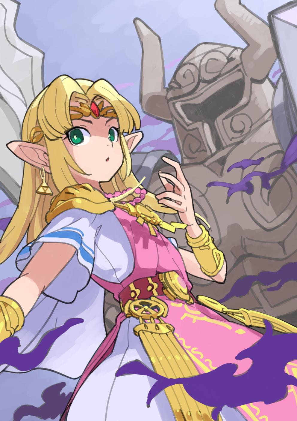 1girl :o american_dog_wo aqua_eyes armor blonde_hair bracer bright_pupils dress earrings flat_chest gem hair_intakes highres jewelry long_hair necklace nintendo open_mouth pointy_ears princess princess_zelda short_sleeves shoulder_pads solo straight_hair super_smash_bros. super_smash_bros._ultimate the_legend_of_zelda the_legend_of_zelda:_a_link_between_worlds the_legend_of_zelda:_spirit_tracks tiara triforce white_pupils