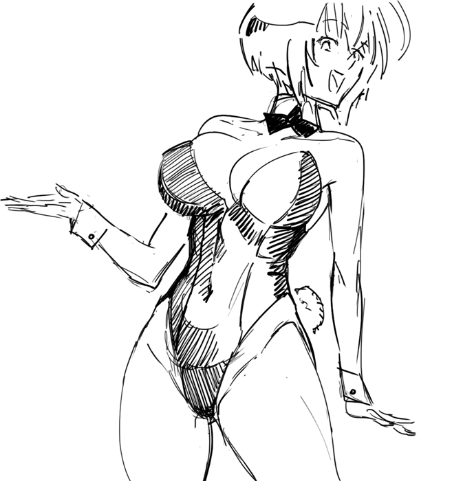 bare_legs bare_shoulders bb_(baalbuddy) bob_cut breasts bunny_tail bunnysuit covered_navel detached_collar greyscale large_breasts monochrome musubi sekirei short_hair sketch solo tail wrist_cuffs