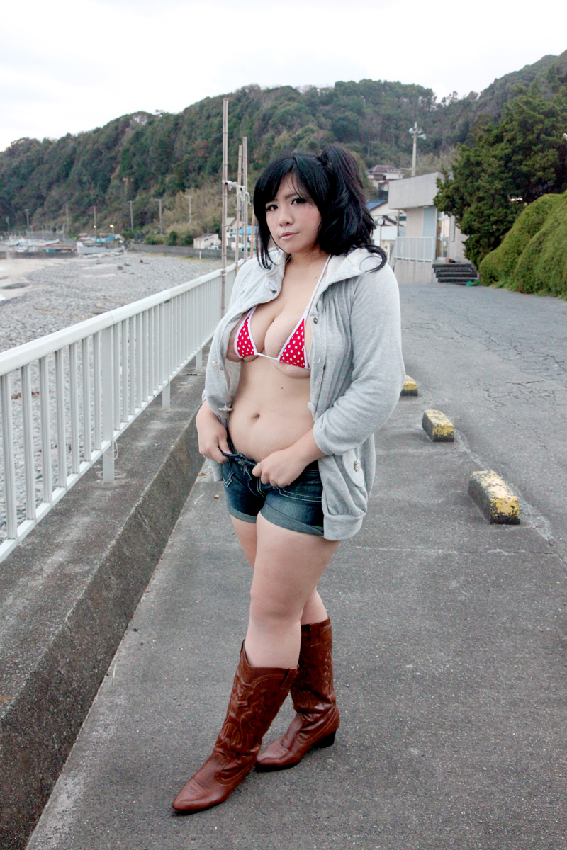 asian bikini black_hair boots breasts chouzuki_maryou cowboy_boots hips hood hooded_jacket jacket large_breasts open_clothes photo plump side_ponytail solo swimsuit thick_thighs thighs wide_hips