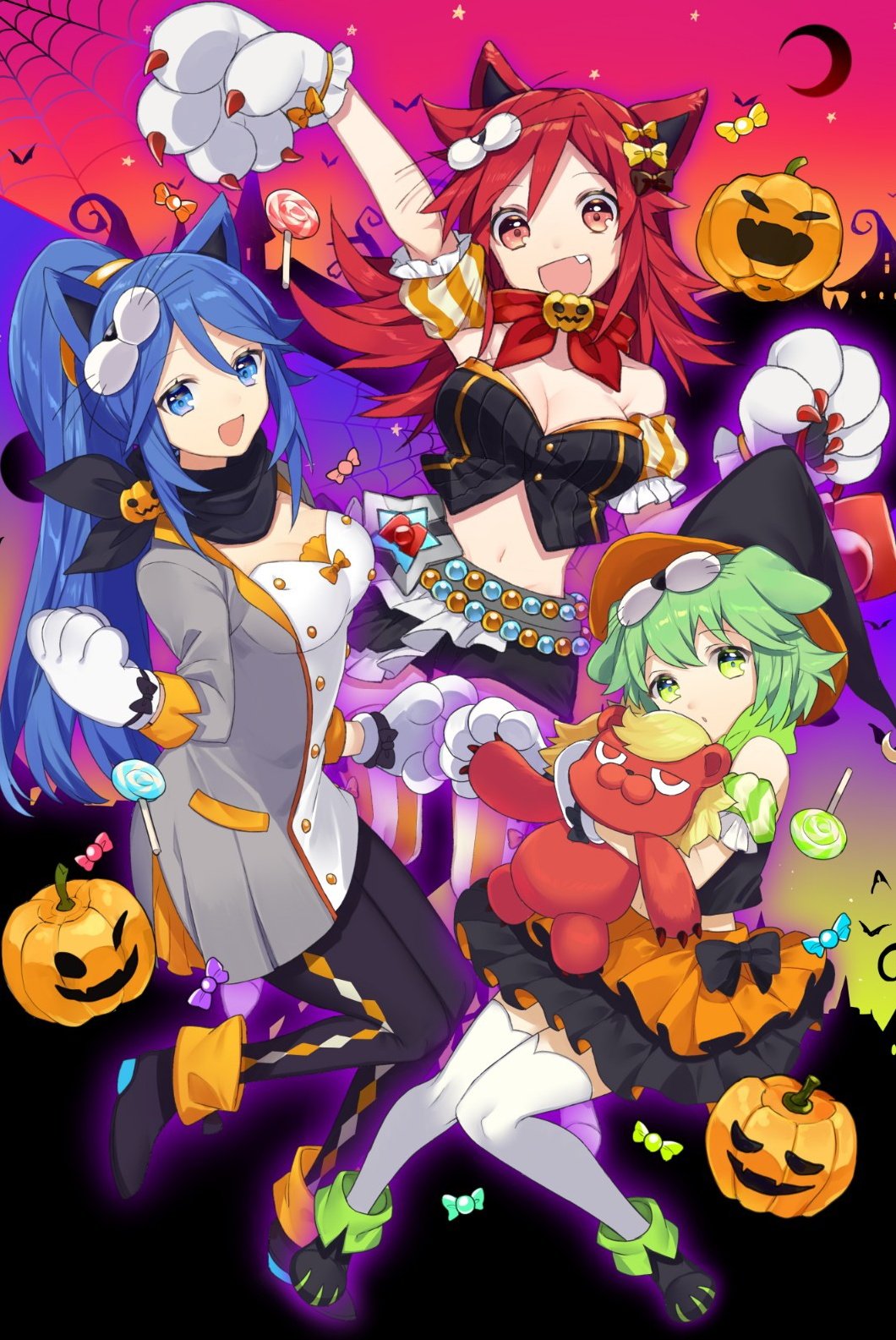 3girls :d animal_ears bandanna bangs belt black_bow black_skirt blue_bandana blue_eyes blue_hair bow breasts candy cat_ears cleavage closed_mouth commentary_request copyright_request crescent_moon crop_top dog_ears food gloves gradient_sky green_eyes green_hair hair_bow halloween halloween_costume hand_up highres jack-o'-lantern jack-o'-lantern lollipop long_hair long_sleeves looking_at_viewer medium_breasts midriff moon multiple_girls navel open_mouth pantyhose paw_gloves paws ponytail puffy_short_sleeves puffy_sleeves red_bandana red_eyes red_hair red_sky short_sleeves skirt sky smile sogawa stuffed_animal stuffed_toy teddy_bear thighhighs white_legwear yellow_bow