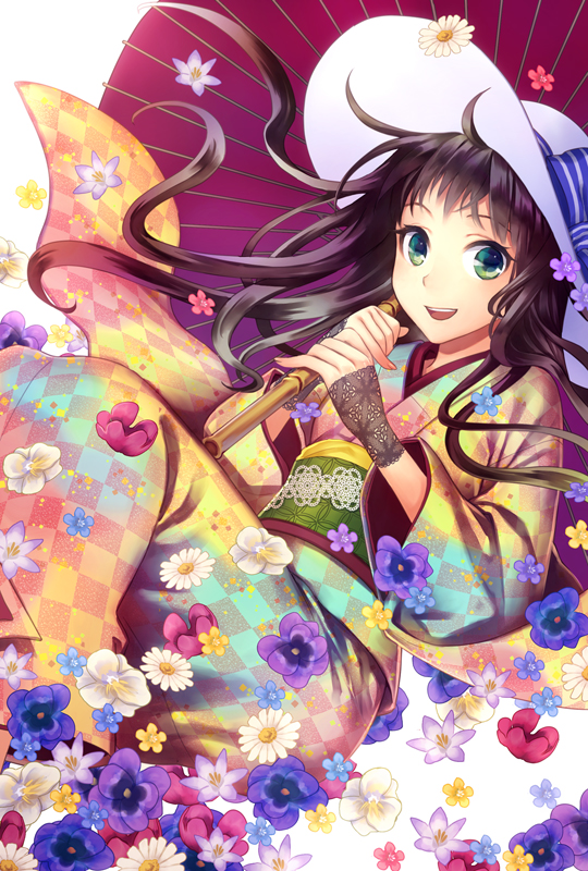 brown_hair flower green_eyes hat japanese_clothes kimono long_hair oriental_umbrella original solo umbrella yamyom