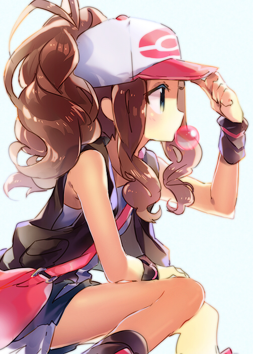 adjusting_clothes adjusting_hat bad_id bad_pixiv_id baseball_cap brown_hair bubble_blowing chewing_gum denim denim_shorts green_eyes hat namie-kun pokemon pokemon_(game) pokemon_bw ponytail shorts solo squatting touko_(pokemon) vest wristband