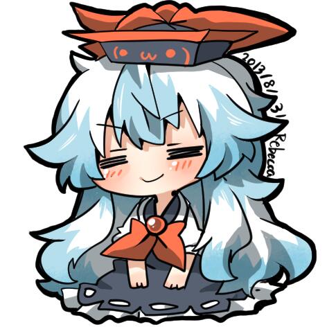 =_= bad_id bad_twitter_id blue_hair blush chibi closed_eyes dated hat kamishirasawa_keine long_hair lowres multicolored_hair rebecca_(keinelove) signature simple_background smile solo touhou two-tone_hair white_background