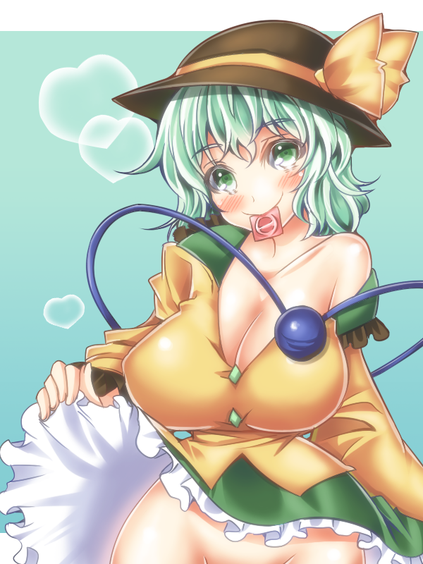 aqua_background blush breasts cleavage condom condom_in_mouth green_eyes green_hair hat hat_ribbon heart impossible_clothes impossible_shirt jude_(minority_lilac) komeiji_koishi large_breasts long_sleeves mouth_hold no_panties ribbon shirt short_hair skirt skirt_lift smile solo third_eye touhou