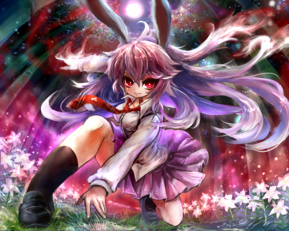 animal_ears bamboo bamboo_forest breasts bunny_ears dress_shirt expressionless fireflies fisheye flower forest full_moon gobou_(gbu) grass kneeling long_hair long_sleeves looking_at_viewer medium_breasts moon motion_blur nature necktie night outdoors pleated_skirt purple_hair red_eyes reisen_udongein_inaba shirt shoes skirt socks solo touhou